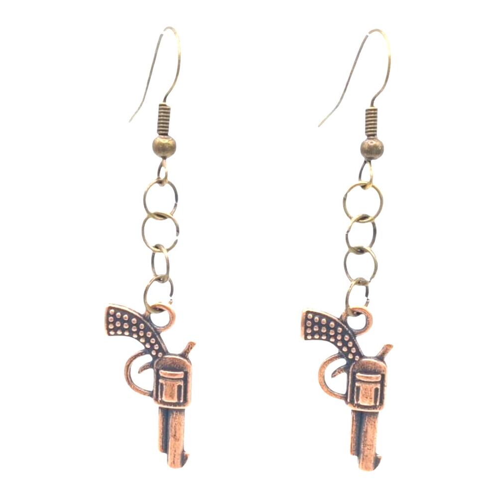 Western Revolver Earrings Bronze Tone Pistol Dangles